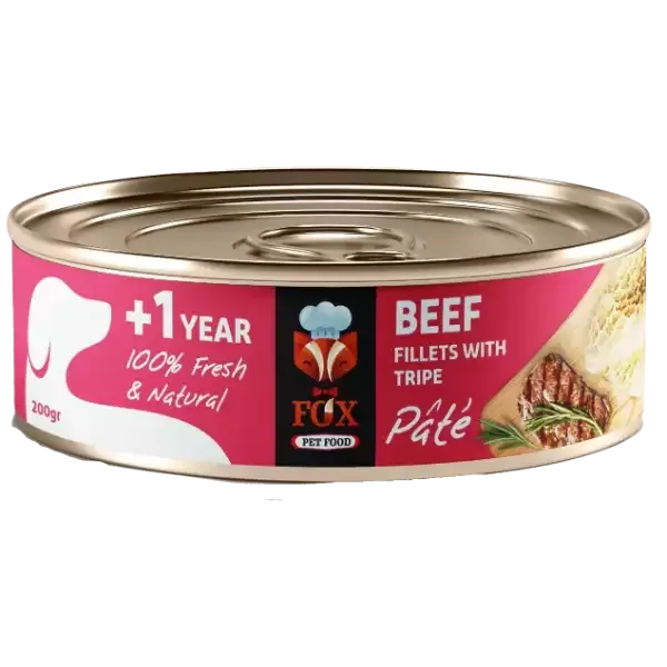 کنسرو غذای سگ فاکس مدل Beef fillets with tripe طعم فیله گوشت گاو و سیرابی وزن 200 گرم