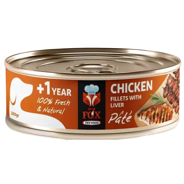 کنسرو غذای سگ فاکس مدل Chicken fillets with liver طعم پته فیله مرغ و جگر وزن 200 گرم