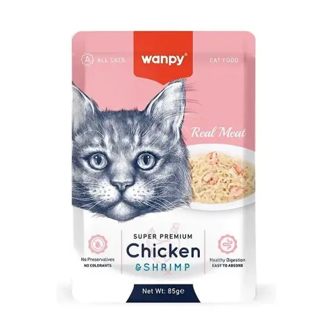 پوچ گربه ونپی با طعم مرغ و میگو سفارش اروپا Wanpy Super Premium وزن 85 گرم