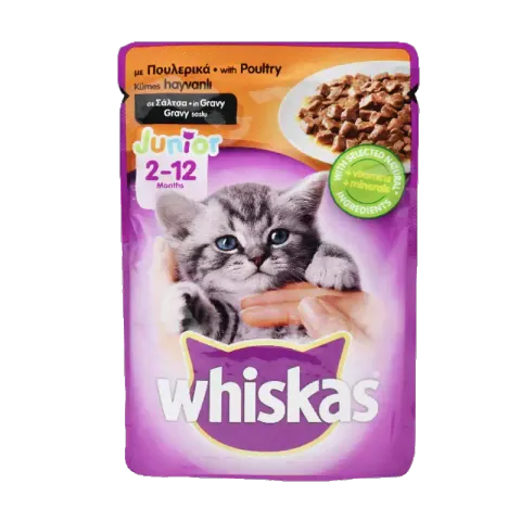 پوچ بچه گربه ویسکاس با طعم مرغ، گوشت گاو، گوشت بره و خرگوش Whiskas Junior In Gravy وزن 100 گرم