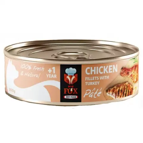 کنسرو غذای گربه فاکس مدل Chicken & Turkey طعم فیله مرغ و بوقلمون وزن 200 گرم
