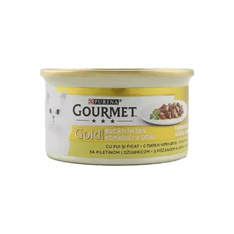 کنسرو غذای گربه با طعم مرغ و جگر گورمت Gourmet Gold Chiken & Liver in Gravy وزن 85 گرم
