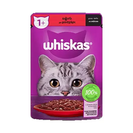 پوچ گربه ویسکاس با طعم گوشت گاو Whiskas Beef in Gravy وزن 85 گرم