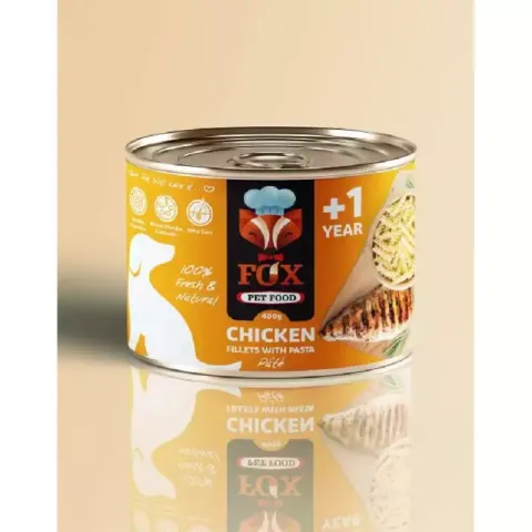 کنسرو غذای سگ فاکس مدل  chicken fillets with pasta طعم فیله مرغ و پاستا وزن 500 گرم