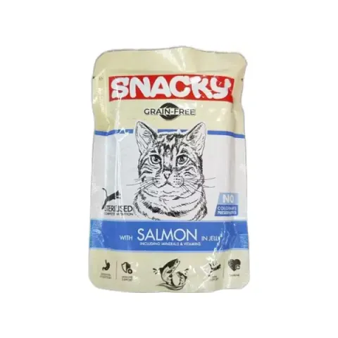 پوچ گربه اسنکی مدل Snacky Sterilised Salmon In Jelly طعم ماهي سالمون در ژله وزن 85 گرم