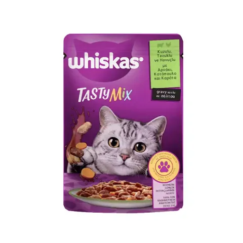 پوچ گربه ویسکاس  طعم مرغ و بره و هويج مدل Tasty Mix in Gravy وزن 85 گرم