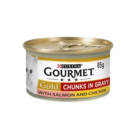 كنسرو غذای گربه گورمت با طعم مرغ و سالمون تكه ای Gourmet Chicken & Salmon وزن 85 گرم