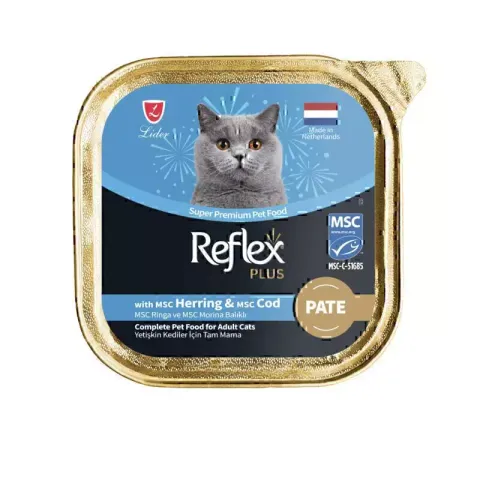 غذای کاسه‌ای گربه بالغ رفلکس پلاس پته با طعم شاه ماهی و ماهی كاد Reflex Plus Pate Cat Food With Herring & Cod وزن ۸۵ گرم